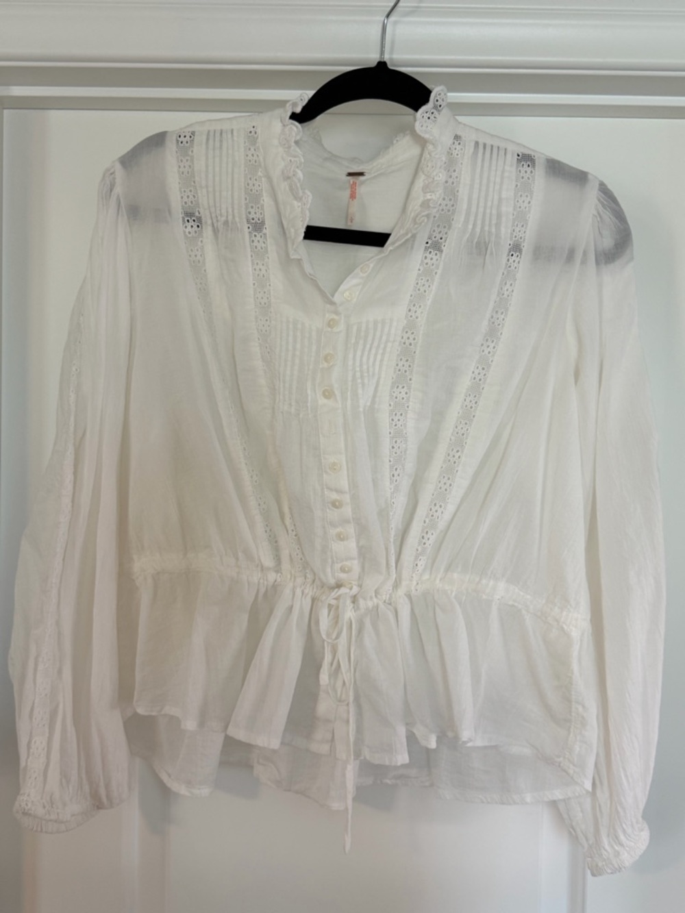Free People Cream Lace-Trim Peplum Button Blouse